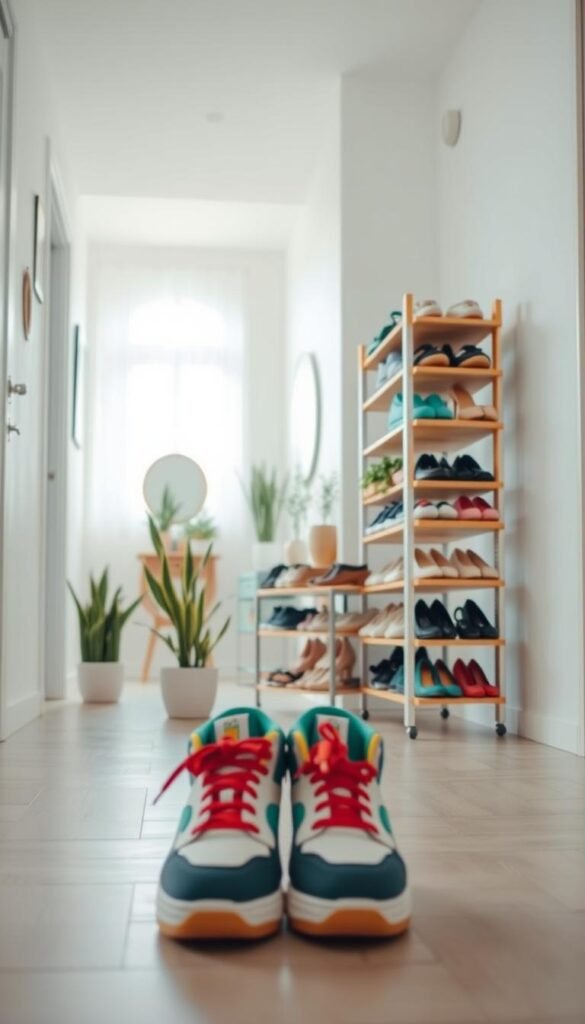 An organized modern shoe rack standing in a bright, airy entryway.