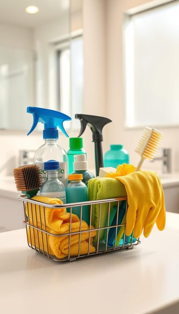 A cleaning caddy ready for a fast, whole-home speed clean before guests arrive.