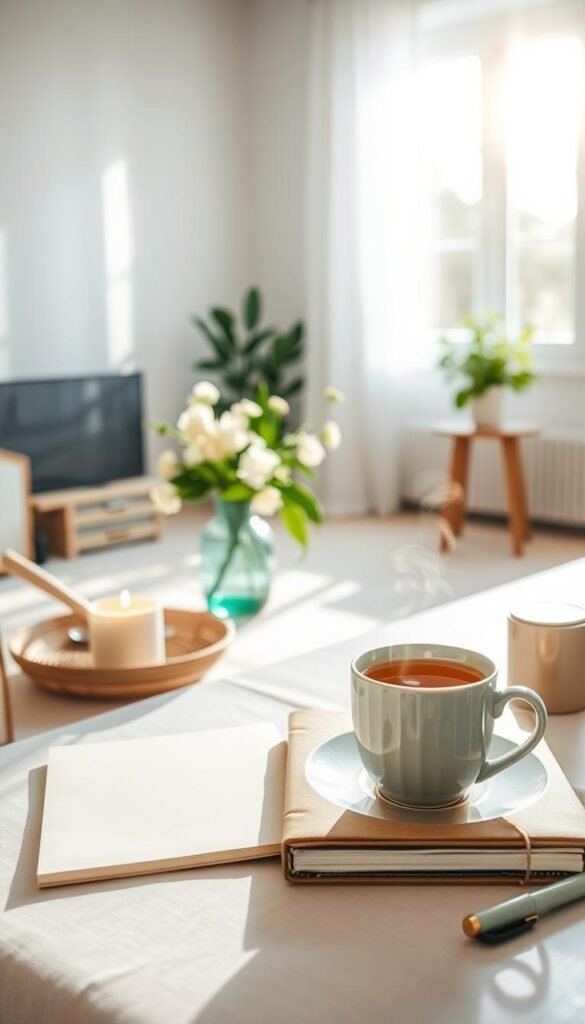 A calm Sunday morning scene with a cup of tea, a journal, and soft natural light — the mood of a Sunday reset routine.