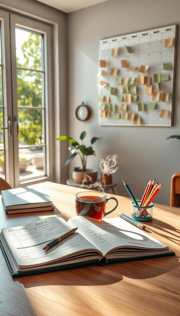 A clean, organized desk set up for a weekly planning session, with a notebook and calendar laid out.