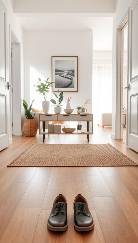 A clean, inviting entryway reset scene showcasing a well-organized space.