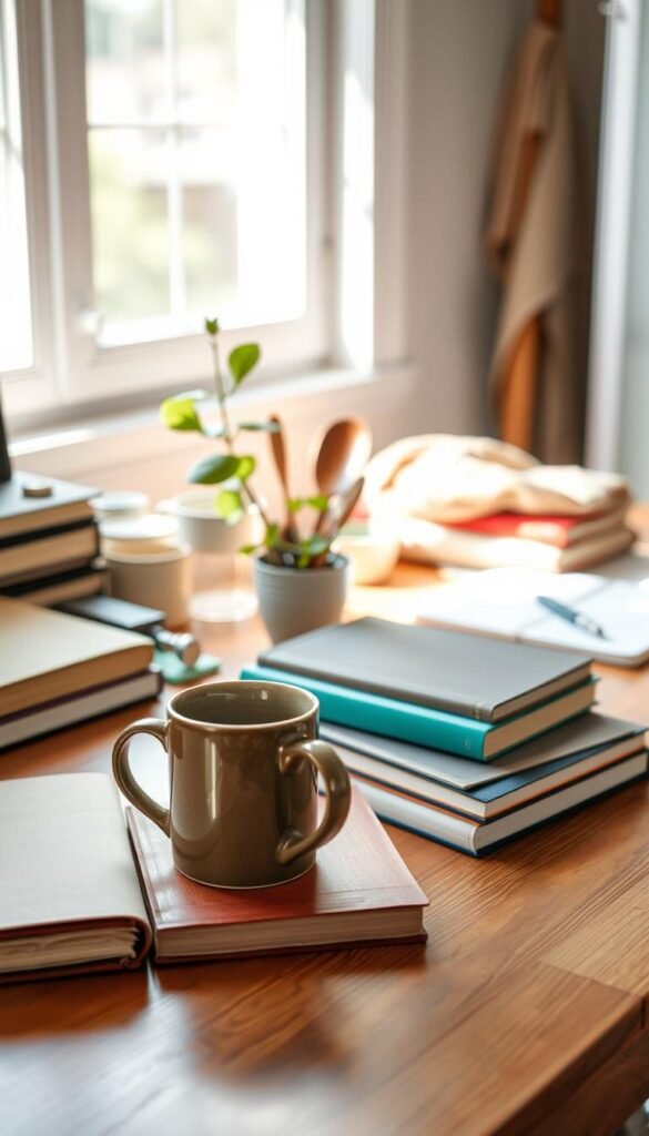 A serene, organized workspace with an assortment of decluttered items gently arranged.