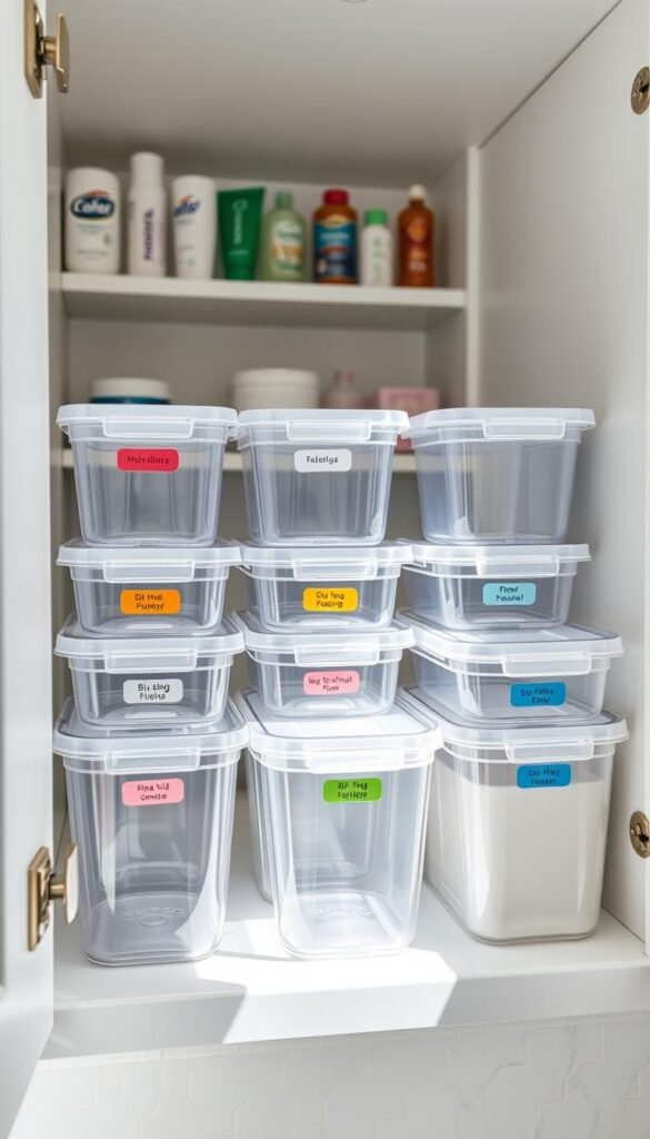 A neatly organized array of transparent plastic containers of various sizes for under-sink storage.
