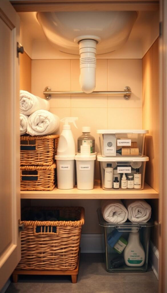 A well-organized under-the-sink bathroom storage area with neatly arranged clear baskets.