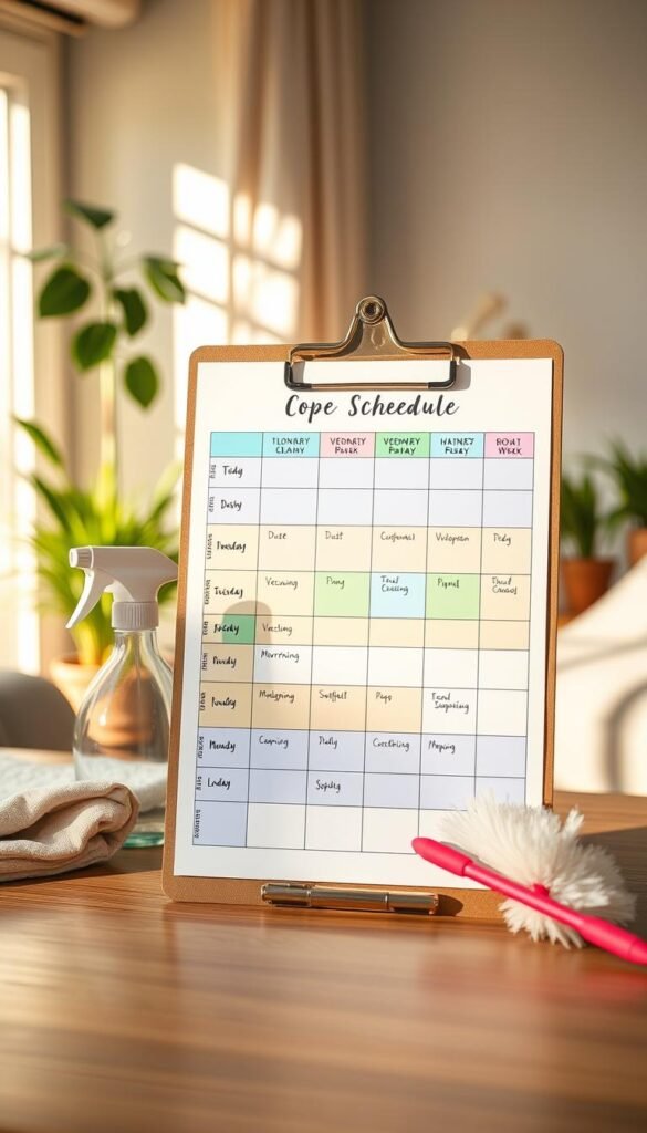 A cleaning checklist on a clipboard, part of a holiday countdown planner.