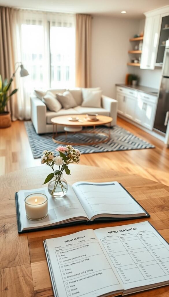 A calm weekly planner laid out on a table, part of a holiday cleaning countdown.