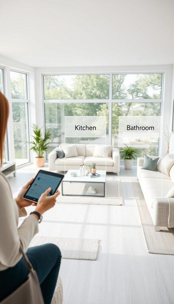 A spacious, modern living room designed for a zone-based cleaning system with distinct areas.