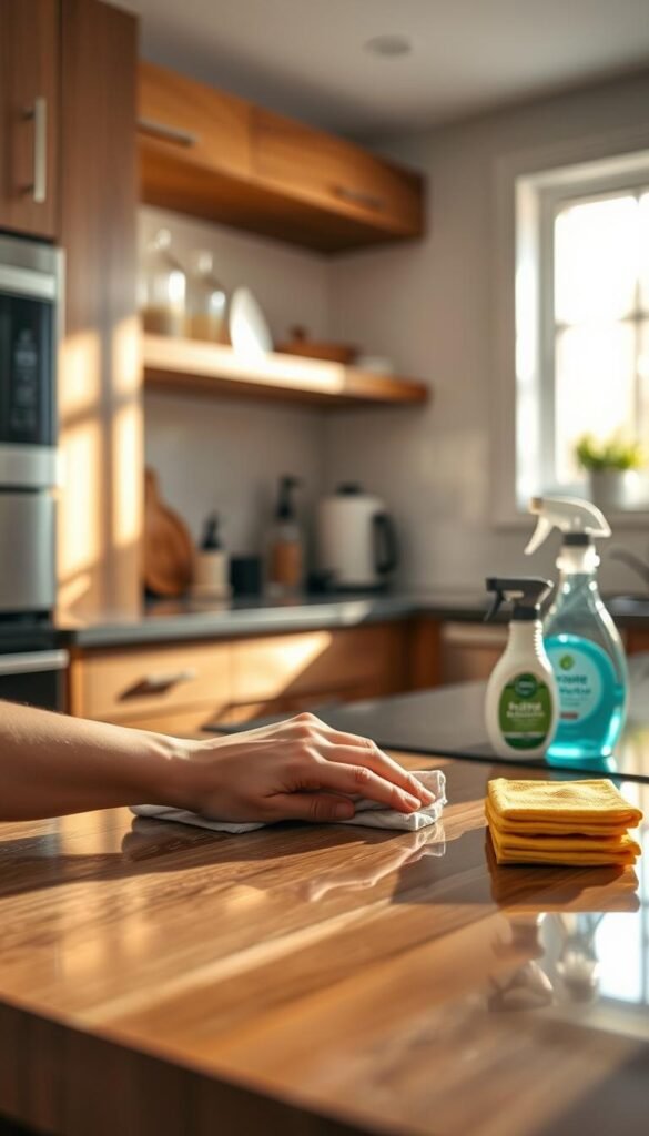 A serene kitchen scene showing a variety of surfaces ready for a zone cleaning day.