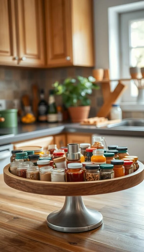 Warm organized pantry with glass jars and baskets