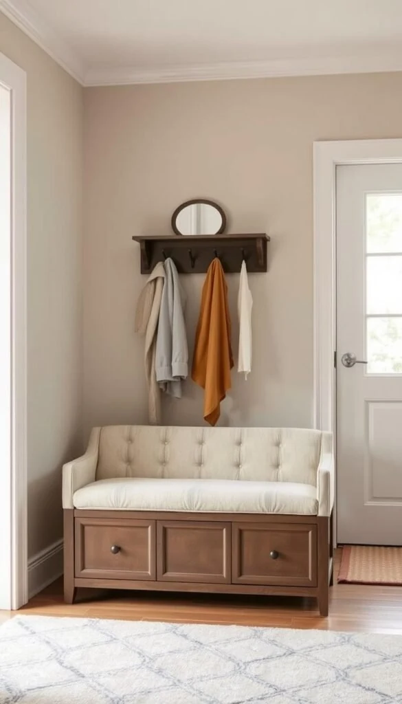 Calm entryway with natural baskets and simple storage