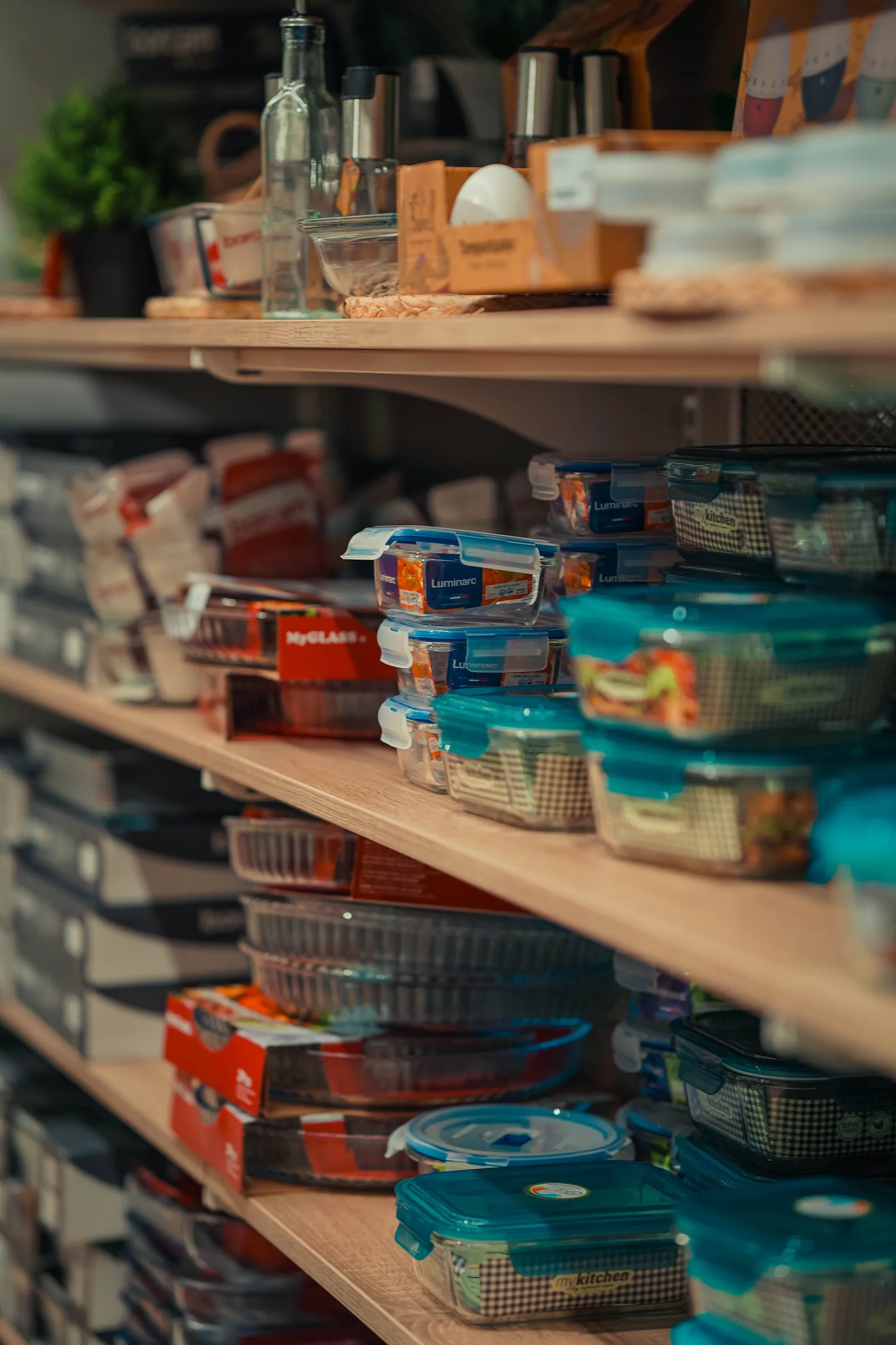 Organized kitchen pantry shelves with neatly arranged food storage containers